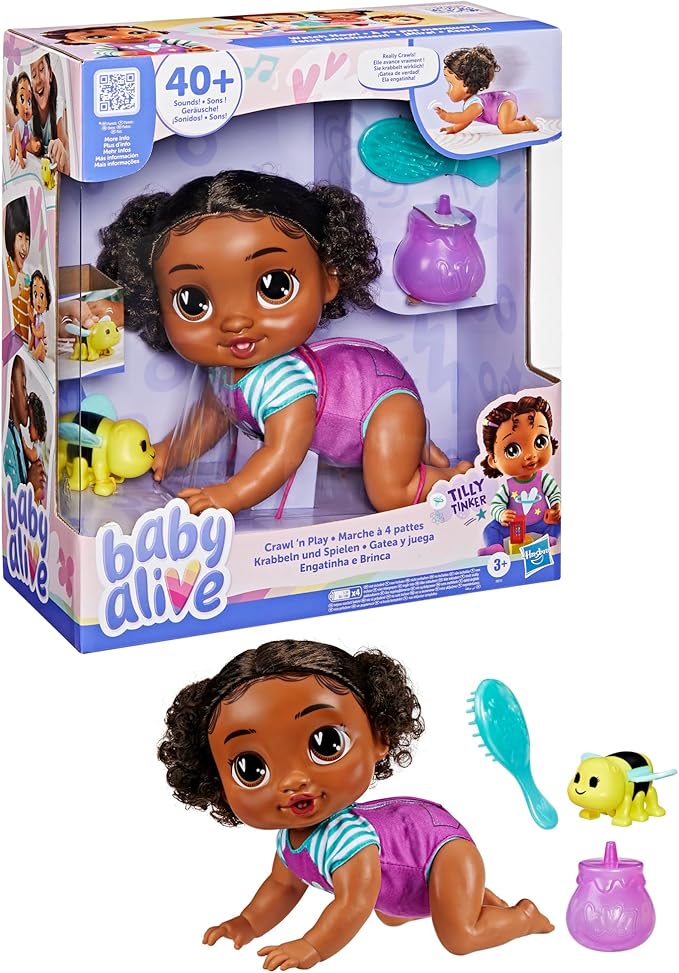 Baby Alive Crawl 'n Play Tilly Tinker Electronic Crawling Baby Doll Set, Black Hair, Kids Toys for Girls & Boys 3 Years & Up, 10.75 Inches