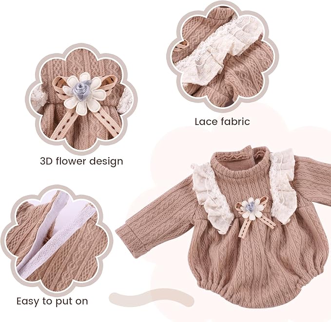 BABESIDE 3 Pcs Baby Doll Clothes Accessories Set for 12-16 Inch Babys Doll, Knitted Romper, Bow Headband and Socks, Baby Dolls Clothes and Accessories