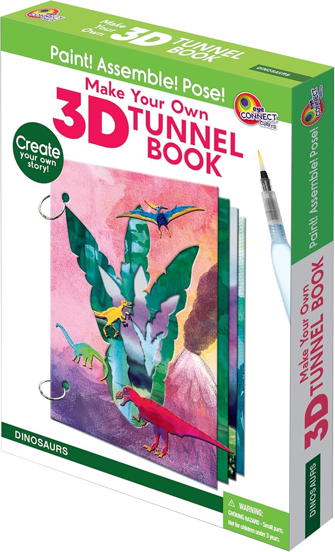 EyeConnect Crafts Make Your OWN 3D Tunnel Book - Dinosaurs | Medium Size DIY Book Art & Craft Kit | Build, Paint & Draw Your Own Book with Mini Animals | Award-Winning STEAM Stationary Set | Ages 3+