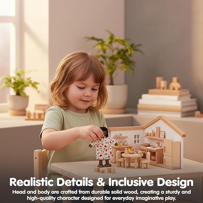 PlanToys® Mother Wooden Dollhouse Figurine | Poseable 1:12 Scale Mini Doll (5 Inch) | Dollhouse Accessories for Pretend Play | Eco-Friendly Montessori Toy for Kids Ages 3+