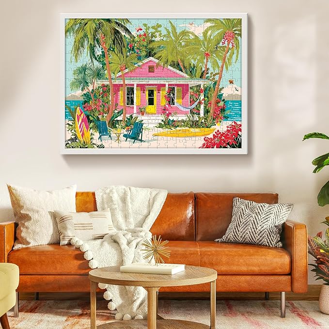 300 Piece Puzzles for Adults, Beauty Seaside Cottages Jigsaw Puzzles for Adult, Artwork of Beach with Surfboards and Ocean Puzzle, Leisure Puzzles for Friends, Game Nights Gifts, 20.5×15 in