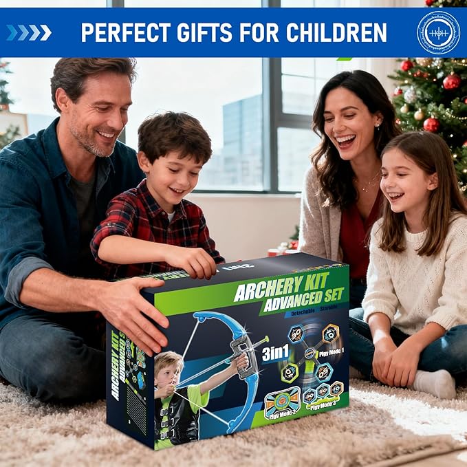 OCHIDO 2 Pack Bow and Arrow for Kids, 3in1 LED Light Up Archery Set with 4 Target, 12 Suction Cup Arrows, Quivers and Storage Box, Indoor Outdoor Sport Games Gifts for Boys 5 6 7 8 9 10 11 12 Year Old