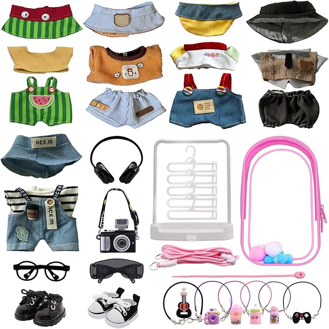 Clothes for Labubu, 23-piece Clothes and Accessories Set Designed for Labubu Doll Clothes, Includes Display Bag, Clothes Rack, Headphones, Camera, Glasses, Shoes, and 6 Mini Accessories - Style F