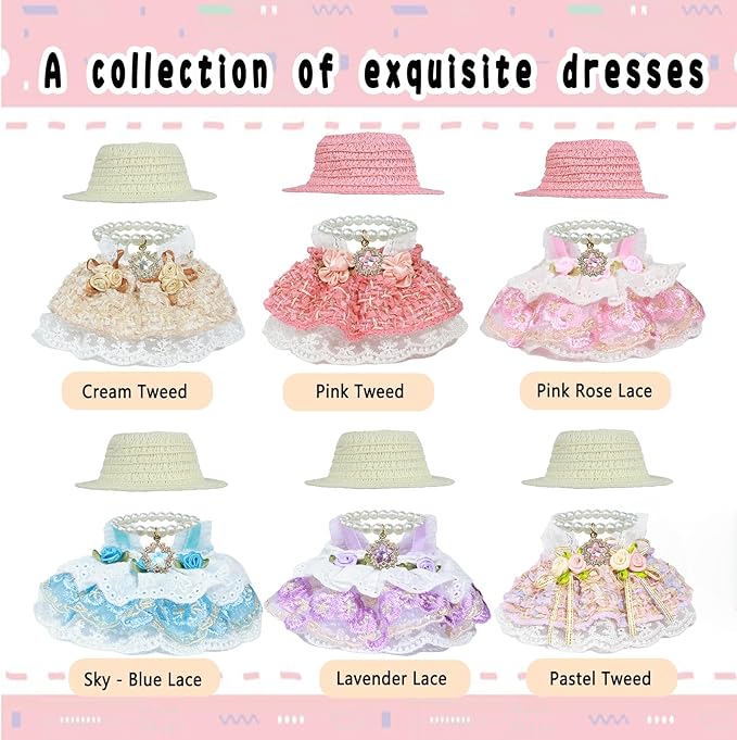 Clothes for labubu Skirt Set for Doll 3 Piece Set with Dress Outfit Hat Necklace Chic Dress for Dolls Accessories (NO Doll)(SkyBlue Lace)