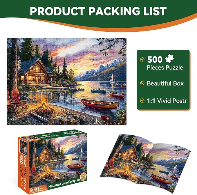 Jigsaw Puzzle for Adults 500 Pieces – 500 Piece Puzzle with Scenic Cabin, Interlocking Adult Puzzles, Letter Clues, 1:1 Poster, Home Decor Gift | 20.5 x 15 in