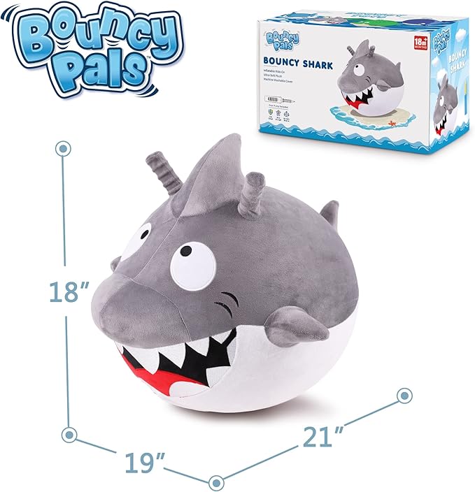 iPlay, iLearn Bouncy Pals Kids White Shark Hopper Ball, Toddler Ride on Bounce Toy, Outdoor Indoor Inflatable Jumping Animal W/Handle, Bouncing Hop Jumper, Birthday Gift for 2 3 4 5 Year Old Boy Girl