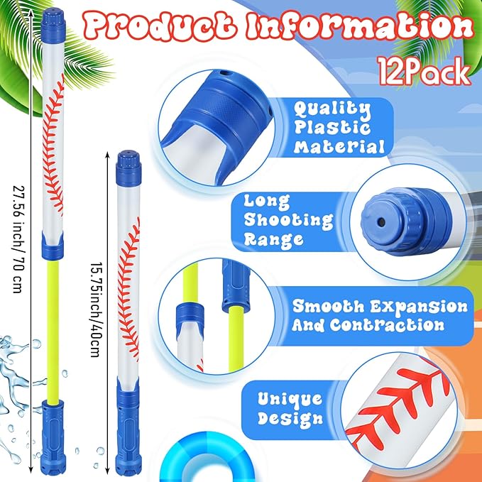 12 Pack Baseball Sport Water Gun Party Favors 15.75 in Summer Water Shooter Blasters Gun Toys for Kids Summer Outdoor Swimming Pool Backyard Beach Games