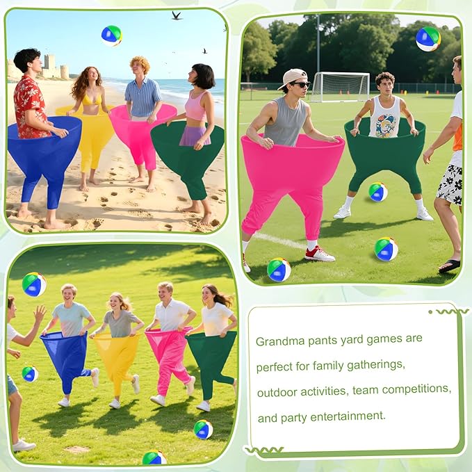 Grandma Pants Game 4 PCS Grandma Pants Outdoor Game Granny Pants Yard Game for Adults with 16 Bouncy Balls and 1 Air Pump (Random Colors) for Family Gatherings Birthday Parties