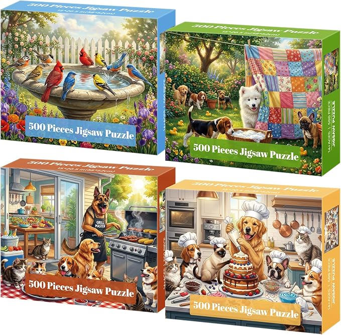 4-Pack 500 Piece Puzzles for Adults, Funny Dogs Cats Birds Flowers Jigsaw Puzzles for Adults 500 Pieces, Fun Challenging Jigsaw Puzzles 500 Pieces for Adults Gift for Family and Friends