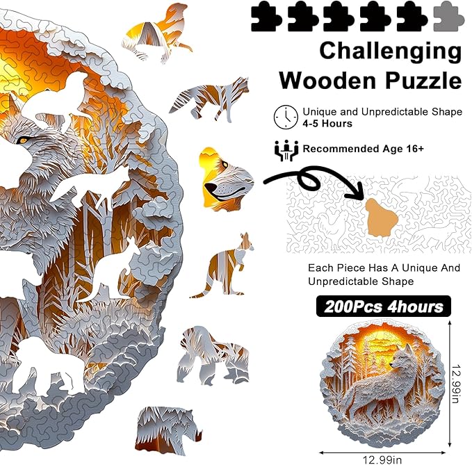 Wooden Puzzles for Adults, 210 Pieces White Wolf Sunset Forest Circular Jigsaw Puzzle, Unique Shaped Laser Cut Wood Art Puzzle, Easter Gift for Mom, for Nature Lovers