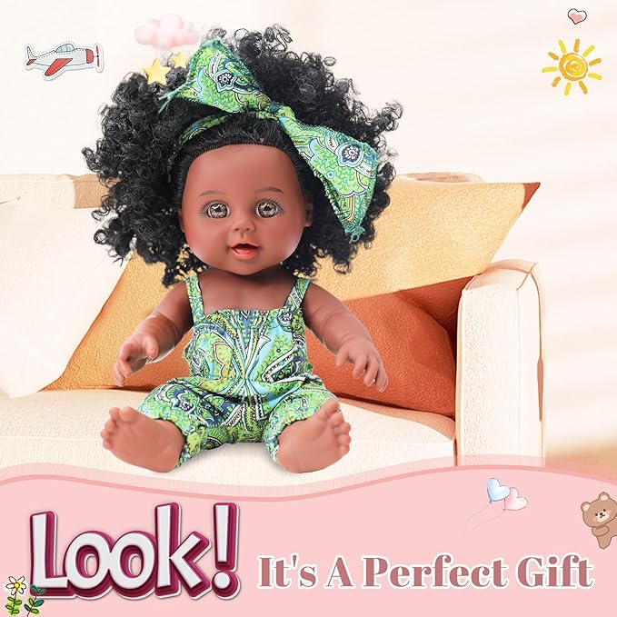 10 INCH Black Baby Doll Toy with Accessories - African American Baby Dolls in Gift Box - Ideal Holiday, Christmas, Birthday Gift for 3 Year Old Girls - Soft Body Black Dolls for Toddlers