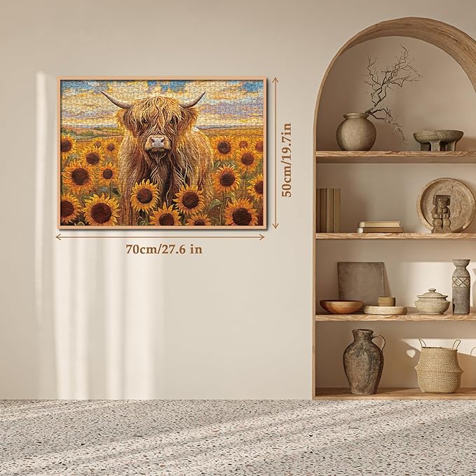 Beautiful Sunflower Highland Cow Jigsaw Puzzle 1000 Piece for Adult, Nature Animal Flower Painting Jigsaw Puzzles, Funny Art Plant Scenic Puzzle