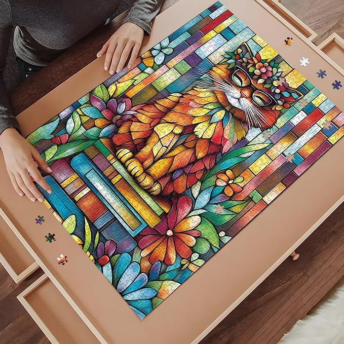 1000 Piece Adult Puzzle, Stained Glass Cat with Sunglasses, Jigsaw Puzzles with Letters on Back Impossible Challenging Puzzle, Family Puzzle Decoration Challenging Puzzles (27.56x19.7 Inch)