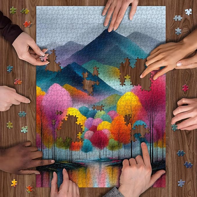 Colorful Landscape Jigsaw Puzzle 1000 Pieces for Adults,Abstract Mountain Scenery Puzzle with Trees，Rainbow Nature Scenic Jigsaw Puzzle Painting Challenge