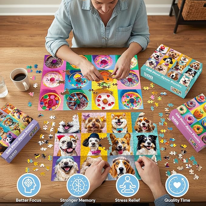 3 Pack 500 Piece Puzzles for Adults, Beautiful Wild Animals Jigsaw Puzzle for Teens Seniors, Recycled Cardboard Donut Dogs Puzzle 500 Piece, Family Activity Great Gift for Friends 20.5 * 15 inch