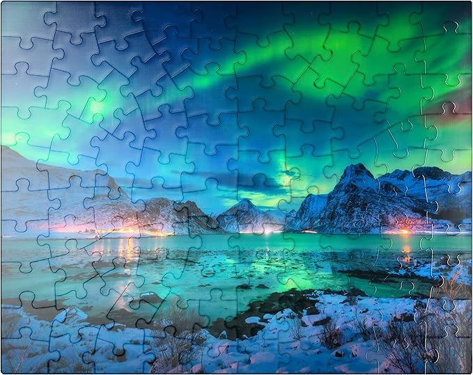 MyPuzzle Aurora Borealis Over Sea Coast, Lights At Night. Northern Lights On Lofoten Islands, Norway - Premium 100 Piece Jigsaw Puzzle for Adults