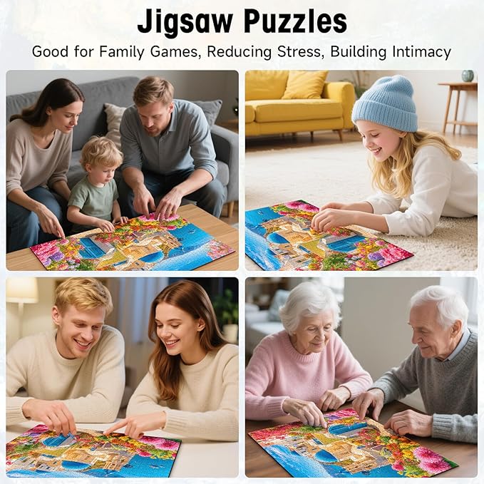 1000 Pieces Jigsaw Puzzles for Adults, Santorini Landscape Puzzle with Letters on Back, Hard Difficult Challenging Adult Puzzle for Family Game & Holiday Decor Gift