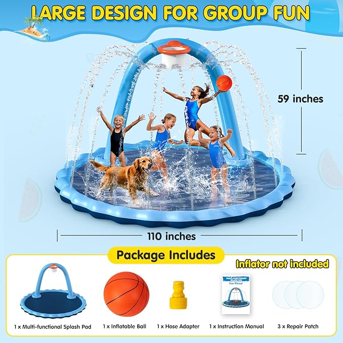 Splash Pad for Kids and Dog, 110" 2-in-1 Large Sprinkler Mat with Basketball Hoop and Arch for Kids Outdoor Play, Shoot Game for Backyard, Inflatable Water Toys More Fun for Boys and Girls