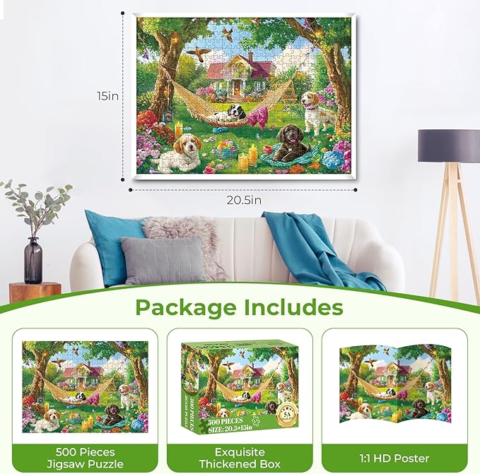 500 Piece Puzzles for Adults, Garden Dogs Jigsaw Puzzles for Adults Teens Seniors, Funny Dogs Charming Swing Puzzle with Letters on Back, Impossible Puzzle, Challenging Family Game Nights 20.5x15in