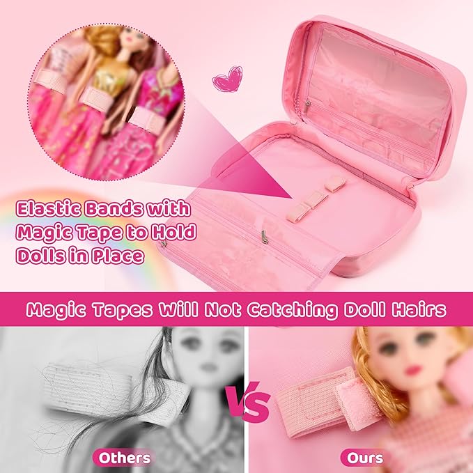 Carrying Case Compatible with Barbie Dolls 12-Inch, Storage Organizer Holder with Handle for up to 6 Dolls, Multiple Pockets for Clothes & Accessories,Travel Portable Storage Bag,Pink