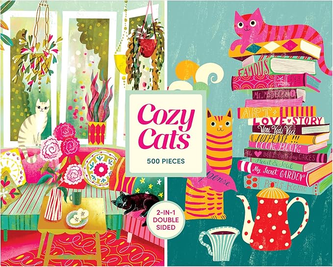 RoseArt - Cozy Cats 500 Piece Double-Sided Jigsaw Puzzle – Matte & Glossy Sides – Cat Puzzle for Adults - 2-in-1 Puzzle with Bonus Poster
