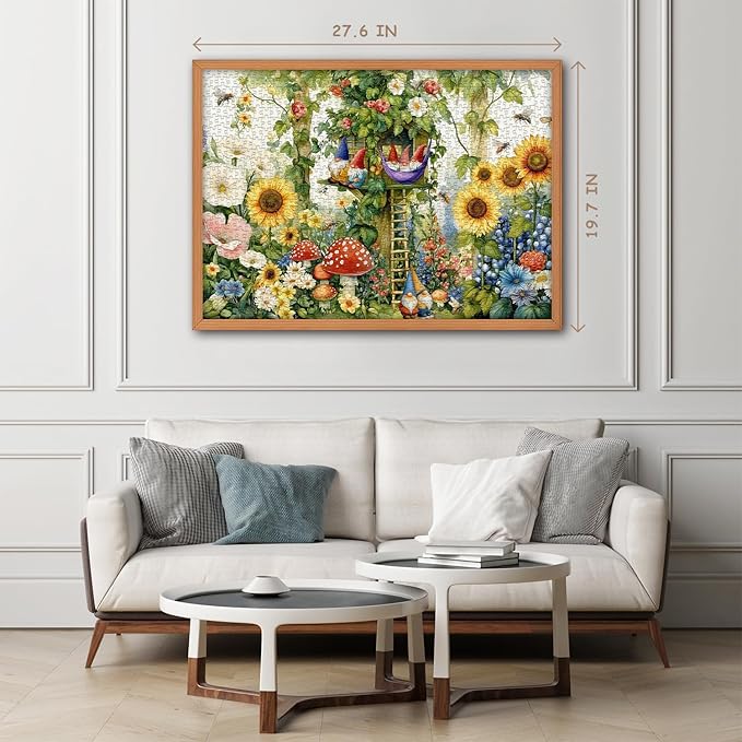 Garden Gnomes Puzzles for Adults 1000 Pieces, Sunflower Plant Bee Themed Jigsaw Puzzles, Nature Treehouse Puzzle with Flower, Funny Gnomes Floral Mushroom Wall Art
