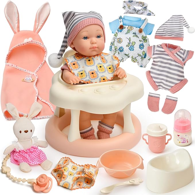 Cleboen Baby Doll Accessories Set for Girls, 9'' Baby Doll with 2 Sets Clothes Doll Walker Chair Feeding Bottle Pacifier Diaper Blanket, Realistic Pretend Play Toys Toddler Girl Birthday Gifts 3 4 5 6