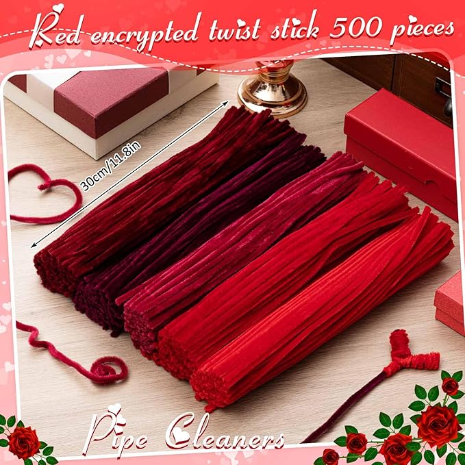 Peryiter 500 Pieces Pipe Cleaners Chenille Stems for Flowers Craft Supplies Bulk Fluffy Fuzzy Sticks for DIY Art Projects Creative Gift Wrapping Party Decorations(Red,12 Inch)