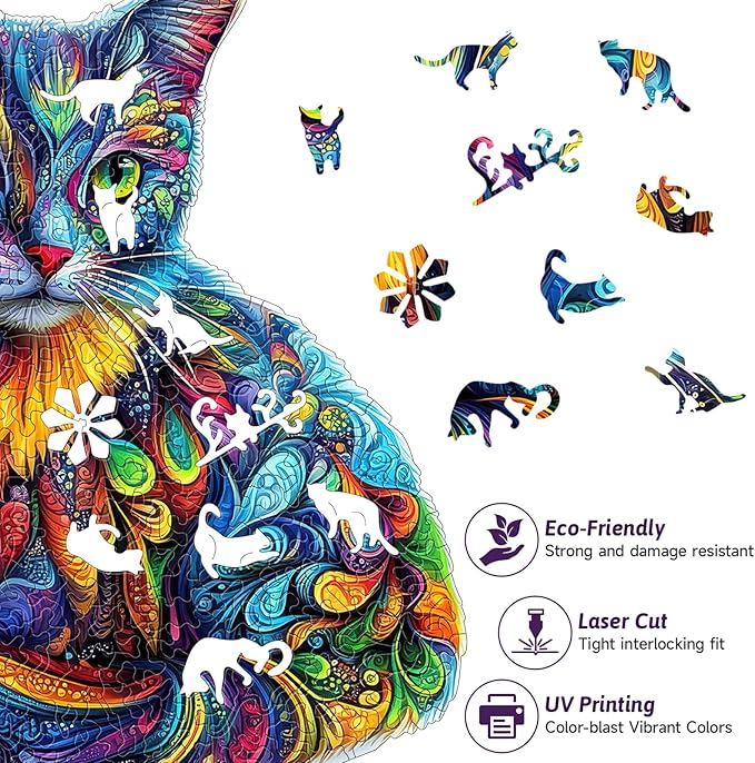 209pcs Wooden Jigsaw Puzzle for Adults – Colorful Cat Puzzle Gift for Cat Lovers, 12.2 x 13.9’’ Unique Animal Shape Wooden Puzzle, Artistic Cats Lover Gift for Women & Men (ColorCat)