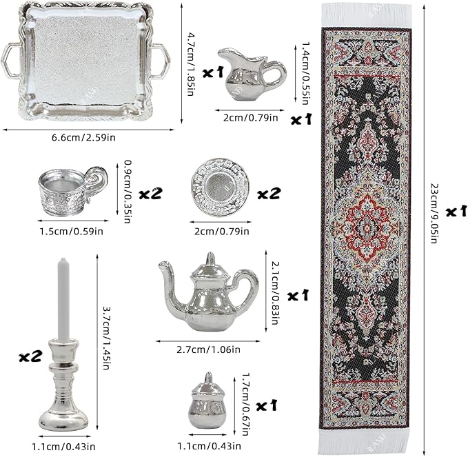 iLAND Miniature Tea Set 1/12 Scale Accessories Metal Tea Set Mini Cups Teapots Trays Plate w/Candle Holder & Table Runner fits Vintage Dollhouse Furniture Miniature Dollhouse Accessories Shining