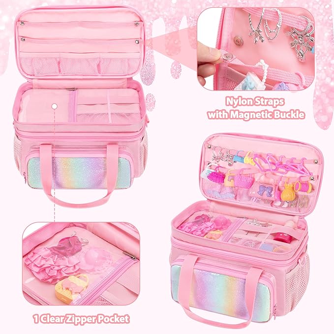 GRAOSO Carrying Case Compatible with Barbie Doll Clothes, Doll Accessories Storage Organizer, Double Layer Design, with Handle and Detachable Shoulder Strap, Case only (Pink)