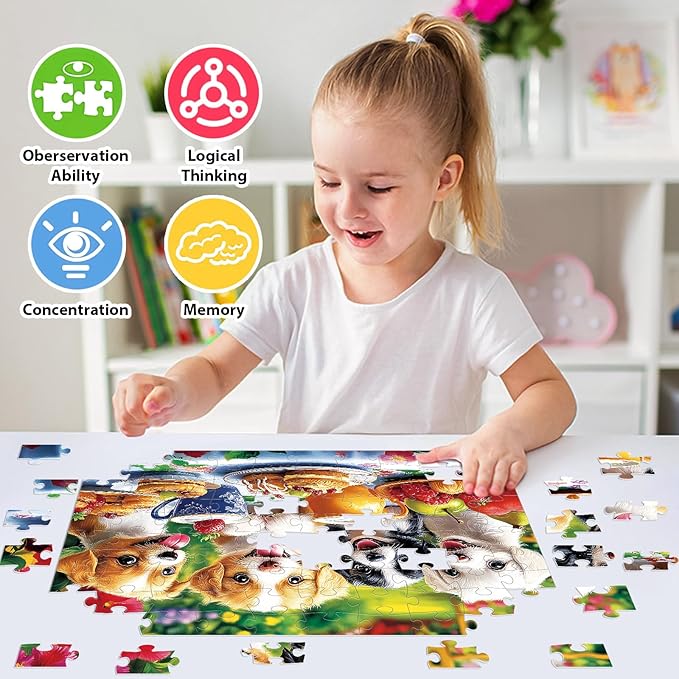 100 Piece Puzzles for Kids Ages 4-6 6-8 8-10, Dogs Tea Break Educational Jigsaw Puzzles, 100 Piece Large Piece Jigsaw Puzzles for Adults Teens Family Kids Puzzles 5-8 Gifts for Girls Boys