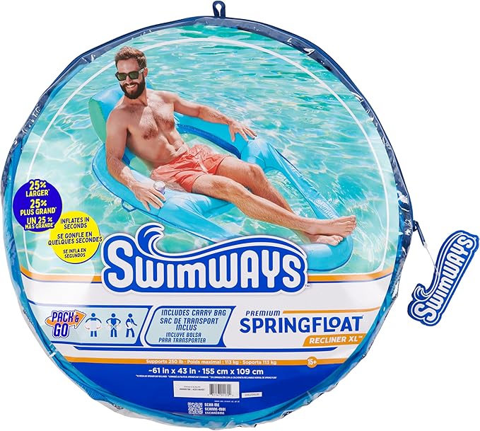 SwimWays Spring Float Premium XL Recliner Chair, Inflatable Pool Floats Adult with Fast Inflation, 25% Larger Than Recliner, Supports Up to 300 lbs