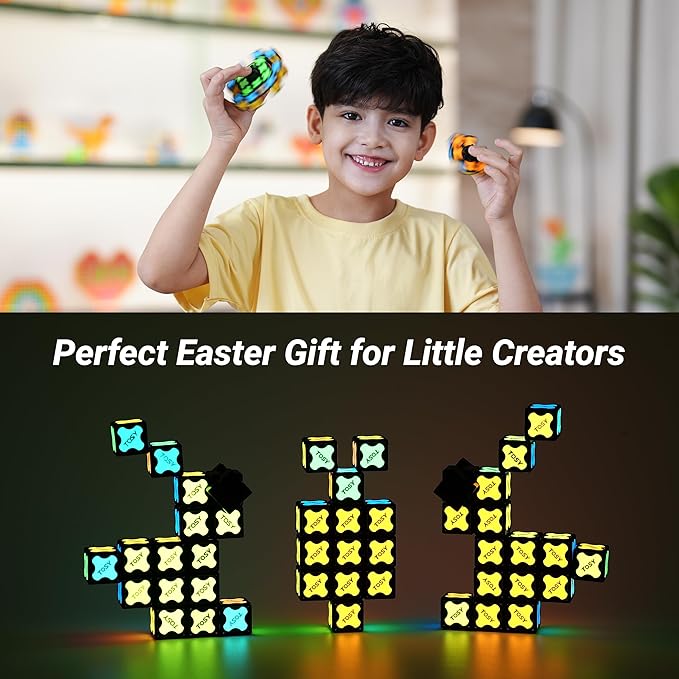TOSY Magnet Fidget Spinner Glow - 16 Blocks, 3in1 Toy: Transformable Fidget Spinner, Infinity/Puzzle Cube, Easter Basket Stuffers Gift for Kids/Adults, Glowing STEM Sensory Stress Relief, 2-Pack