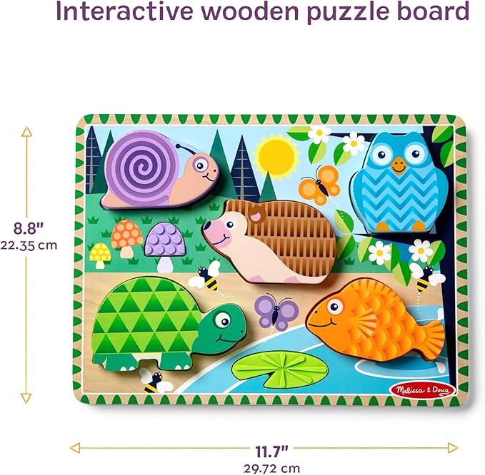 Melissa & Doug Forest Friends Touch & Feel Wooden Puzzle, 5-Piece Chunky Toddler Puzzles with Animals & Textured Silicone Puzzle Board Inlays, Preschool Toys for Girls & Boys Ages 2 and Up