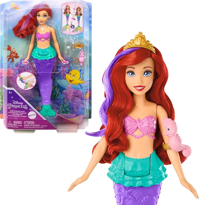 Mattel Disney Princess Toys, Ariel Swimming Mermaid Doll with Color-Change Hair and Tail, Water Toy Inspired by the Mattel Disney Movie
