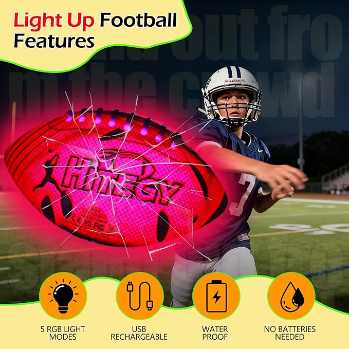Glow in The Dark Football Light Up Football | USB-C Rechargeable LED Ball with Pump | Night Game Ball for Indoor & Outdoor Play | Gift Ready for Boys & Kids (with a Bag)