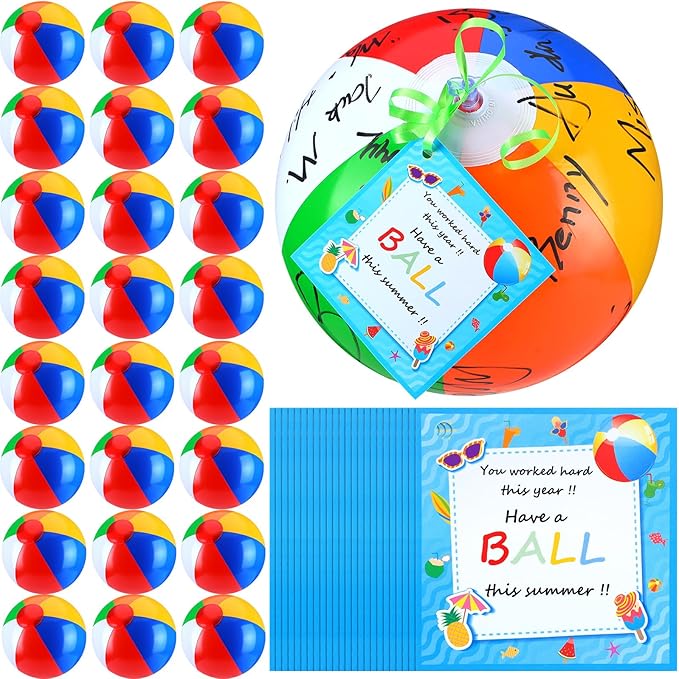 48 Pcs 12 Graduation Beach Balls with Cards End of Year Student Gifts, 24 Rainbow Pool Balls Inflatable Pool Toys 24 Graduation Cards for Summer Pool Beach Outdoor Class of 2026 Party Favor