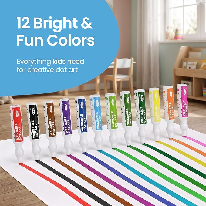 Darice Washable Dot Markers for Toddlers, 12 Colors (40ml 1.35oz) Paint Marker Dot Art Set, Water Based Non-Toxic Bingo Daubers for Kids