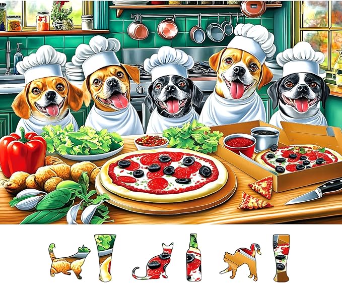 Puzzles for Adults 500 Pieces, Funny Puppy Animal Jigsaw Puzzles Pizza Theme Food Kitchen with Letters on Back for Family Decoration, Gifts, Party Game, Finished Size 23" x 15"