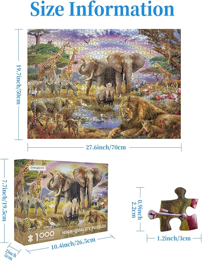 CHengQiSM 1000 Piece Puzzle for Adults, African Animal Puzzles for Adults 1000 Pieces, Jungle Animals Jigsaw Puzzle for Adults Teens Seniors, Premium Thick Cardboard, Finished Size 27.6 x 19.7 inches