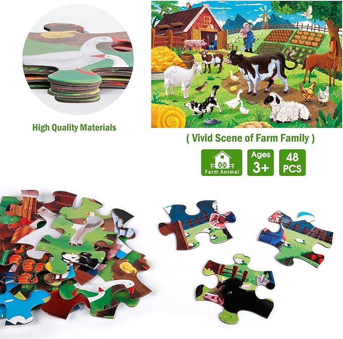 Jumbo Floor Puzzle for Kids,Farm Animals Jigsaw Large Puzzles,48 Piece Barn Puzzle for Toddler Ages 3-5,Children Learning Preschool Educational Toys,Birthday Easter Gift for 4-8 Years Old Boy and Girl