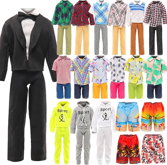 Miunana 10 Pcs Fashion Pack for 12 Inch Boy Dolls - 5 Sets Casual Wear Clothes Outfit with 5 Shoes for boy Doll (Black Suit + Casual Wear Clothes + Tracksuit + Swimwear)