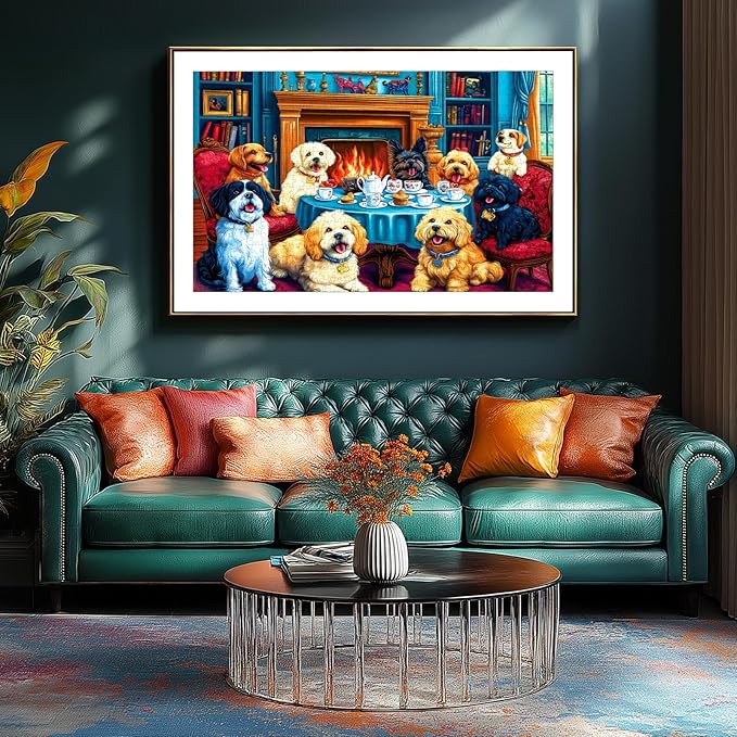 1000 Pieces Puzzles for Adults, Cozy Library Dogs Jigsaw Puzzle - Dogs' Dinner Party with Books & Fireplace for Adults and Teens Family Challenging for Game Nights (27.5 x 19.7 Inch)
