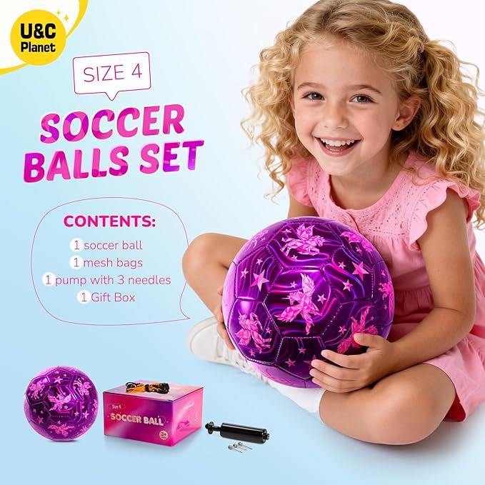 U&C Planet Soccer Ball Size 2 Size 3 Size 4 for Toddler Kids with Pump Deflated, Cartoon Unicorn Dinosaur Soccer Ball Toy for Girls Boys 1-3 2-8 6-12