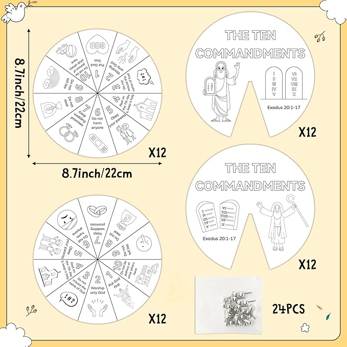 COcnny Ten Commandments Coloring Craft - 24 Sets Color Your Own Religious Art Wheel Kit for Kids, 10 Commandments DIY Craft Art Cards for Sunday School Christian Classroom Home Activities VBS Supplies