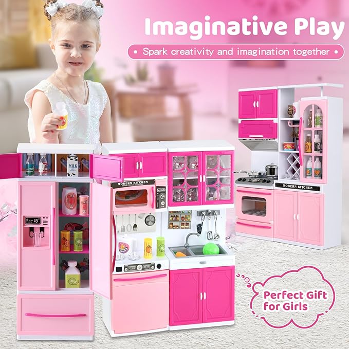SOCBTNSO 64 PCS Pink Kitchen Toys with Lights Sounds|Mini Kitchen House Furniture Sets for Kids Ages 4-8|Doll Playset Toys for Toddlers 3-5|Birthday Gifts for 3 4 5 6 7 8 Old Girls