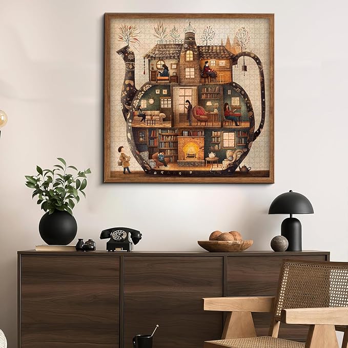 Teapot Library Puzzles for Adults 1000 Pieces, PICKFORU Vintage Bookshelf Book Puzzles Room Art, Difficult Unique Reading Room Scene Theme