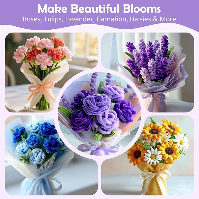 500 Pcs Pipe Cleaners Craft Kit for Flower Making, Complete DIY Bouquet Set with Chenille Stems, Craft Wire, Stamen, Tape, Ribbon & More, Perfect for Arts, Handmade Gifts & Decorations