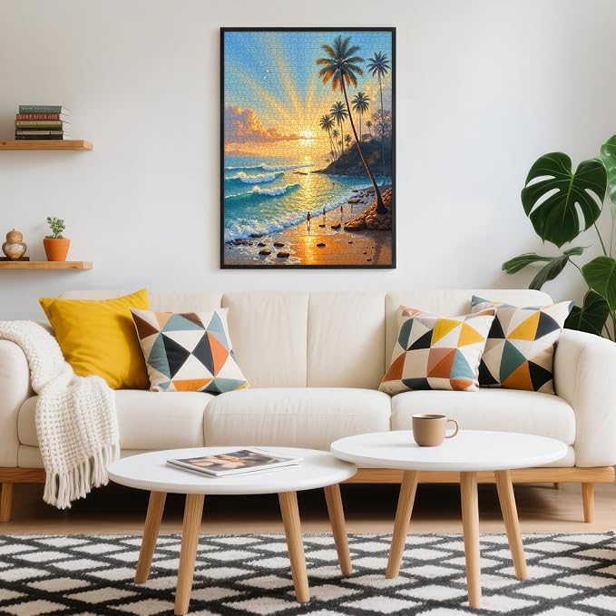 Seaside Puzzles for Adults 1000 Pieces, Tropical Beach Jigsaw Sunset Palm Trees Ocean Waves, 28x20 Inch Coastal Puzzle with Letters on Back, Wall Art, Relaxing Family Game, Easter
